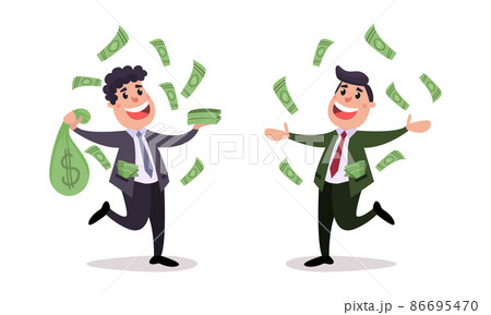 Rich Businessman Character Among Sacks with Dollar Banknotes Vector Illustration Set Rich Businessman Character Among Sacks with Dollar Banknotes Vector Illustration Set 86695470