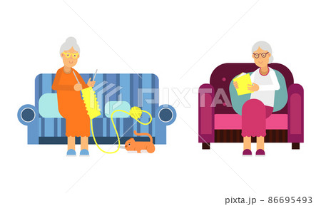 Aged Woman Pensioner Character Engaged in Daily Activity Vector Illustration Set 86695493
