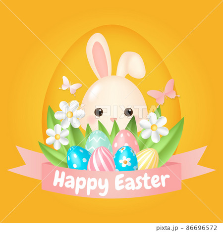 Cute bunny with Easter eggs decoration greeting card. Cartoon vector design Cute bunny with Easter eggs decoration greeting card. Cartoon vector design 86696572