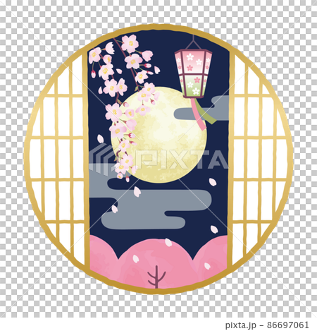 Round window cherry blossoms and full moon cherry blossom viewing background Round window cherry blossoms and full moon cherry blossom viewing background 86697061