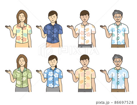 案内する沖縄のかりゆしウェアを着た男女 案内する沖縄のかりゆしウェアを着た男女 86697528