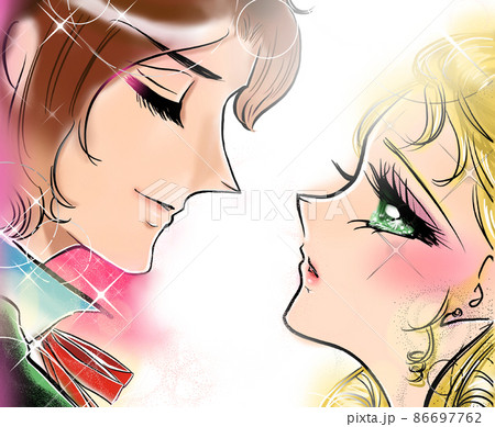 70年代少女漫画イケメン王子と見つめる金髪縦ロールお姫様のイラスト 86697762