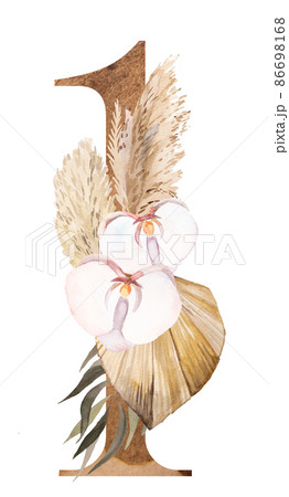 Watercolor number 1 decorarated with dried leaves and tropical flowers, Bohemian illustration Watercolor number 1 decorarated with dried leaves and tropical flowers, Bohemian illustration 86698168