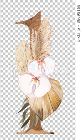 Watercolor number 1 decorarated with dried leaves and tropical flowers, Bohemian illustration Watercolor number 1 decorarated with dried leaves and tropical flowers, Bohemian illustration 86698168