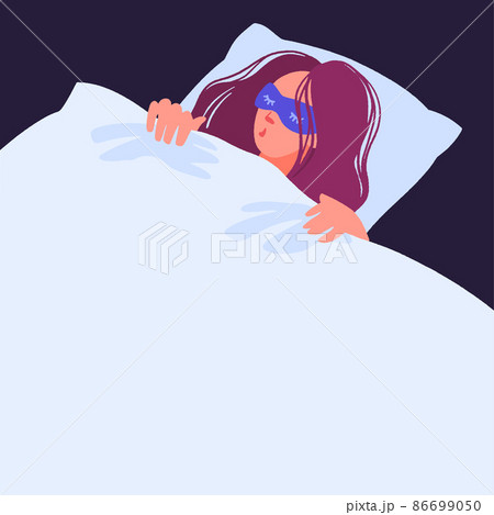 Young woman sleeps in bed. Girl in pajama sleeping on pillow under blanket. Young woman sleeps in bed. Girl in pajama sleeping on pillow under blanket. 86699050