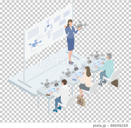 Isometric illustrations of male and female teachers attending school to qualify as drone pilots 86699289