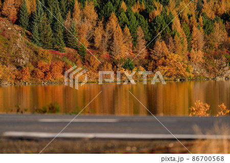 Autumn near the lake with blurred road in the foreground Autumn near the lake with blurred road in the foreground 86700568