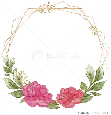 Geometric golden frame with peonies flowers illustration. 86700861