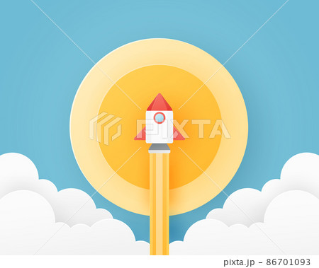 Space rocket launch. Paper art of rocket flying to the sky. Design for banner, flyer, background, poster. Paper cut style. Vector illustration. Space rocket launch. Paper art of rocket flying to the sky. Design for banner, flyer, background, poster. Paper cut style. Vector illustration. 86701093