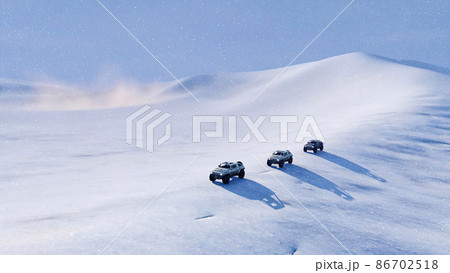 Off-road vehicles in snowy desert at snowstorm 3D 86702518