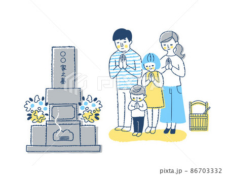 墓参りする4人家族 86703332