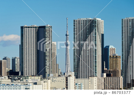 東京湾　ベイエリア　勝どきの高層ビル群　東京スカイツリーも見える 86703377