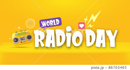 Vector World radio day horizontal banner with old cassette stereo player isolated on orange podium background. Cartoon funky hipster Radio day banner, label, sign, icon or poster with radio 86703465