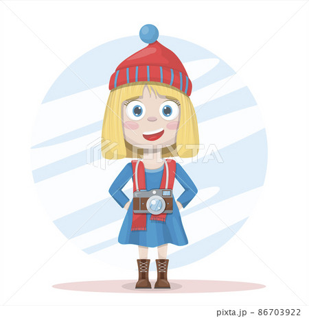 Vector flat girl photographer. Cartoon cute little girl with camers in dress. A cheerful beautiful child. Professions for school postcards, advertising Vector flat girl photographer. Cartoon cute little girl with camers in dress. A cheerful beautiful child. Professions for school postcards, advertising 86703922