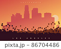 Downtown Los Angeles skyline at sunset, California, USA. A poster style creative vector illustration 86704486