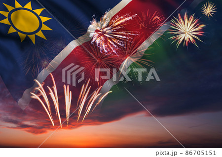 Night sky with fireworks and flag of Namibia Night sky with fireworks and flag of Namibia 86705151
