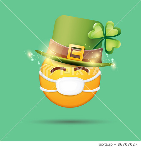 Vector Emoji sticker with mouth medical protection mask and saint Patricks green hat isolated on green background. Yellow st. Patricks smile face character with hat and white surgeon mask. 86707027