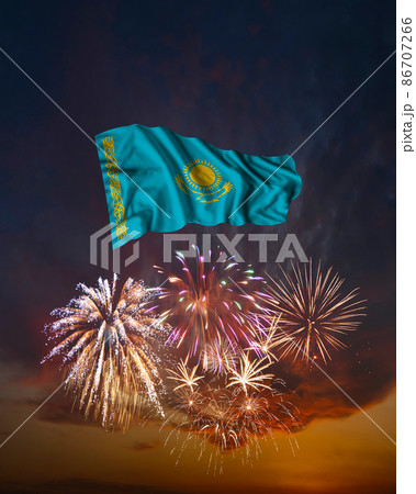 Holiday fireworks and flag of Kazakhstan 86707266