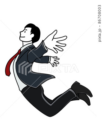 イラスト素材 自信のある表情で飛ぶようジャンプするビジネスパーソンのイラスト素材