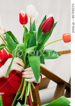 Woman florist makes bouquet of fresh tulips. Spring flowers in flower shop. Small business for gardeners. Growing plants in greenhouse. Woman florist makes bouquet of fresh tulips. Spring flowers in flower shop. Small business for gardeners. Growing plants in greenhouse. 86708254