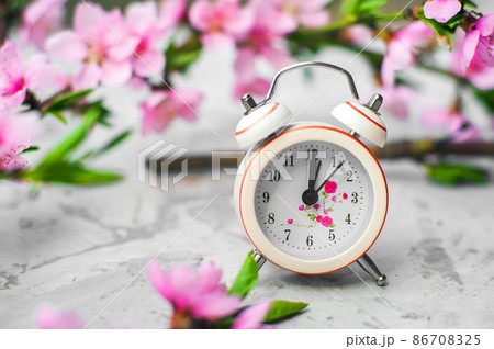 Miniature clock on background of flowering branch close-up and copy space. postcard for holiday. Beginning of spring.. 86708325