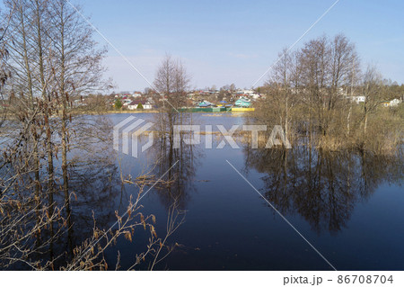 Spring flood in the countryside on a sunny day 86708704