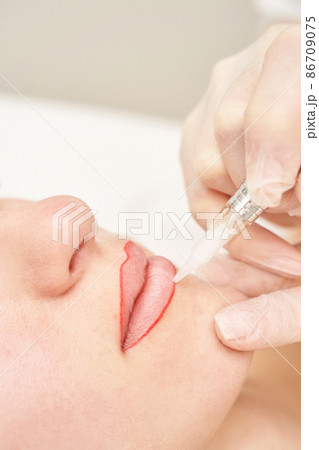 Permanent makeup. Beauty spa procedure. young woman. Face tattoo 86709075