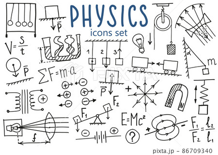 Phisics symbols icon set. Science subject doodle design. Education and study concept. Back to school sketchy background for notebook, not pad, sketchbook. Phisics symbols icon set. Science subject doodle design. Education and study concept. Back to school sketchy background for notebook, not pad, sketchbook. 86709340
