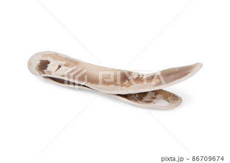 Two old, shabby orthopedic insoles isolated on white background. Dirty leather insoles. Worn out things with holes. Inner soles of shoes. Top view banner close up. 86709674