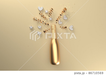 Champagne bottle with hearts and serpentines - 3D Champagne bottle with hearts and serpentines - 3D 86710569