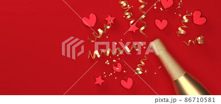 Champagne bottle with hearts and serpentines - 3D Champagne bottle with hearts and serpentines - 3D 86710581