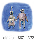 Watercolor drawing of male and female figures holding hands stylized as keys. 86711372