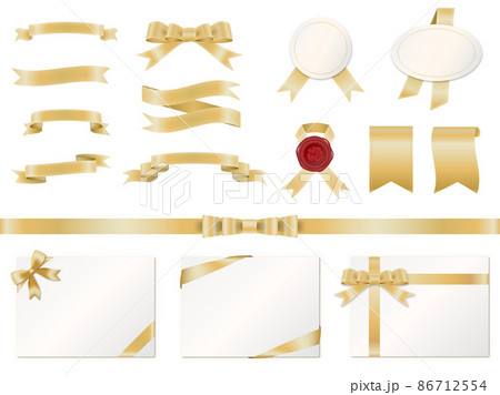 お洒落な金色のリボンとメッセージカードのセット 86712554