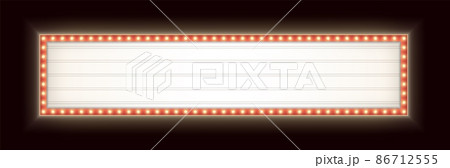 Wide retro lightbox with light bulbs. Vintage theater signboard. Horizontal marquee billboard with lamps. Wide retro lightbox with light bulbs. Vintage theater signboard. Horizontal marquee billboard with lamps. 86712555