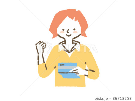 通帳を見てガッツポーズする女性_色 通帳を見てガッツポーズする女性_色 86718258