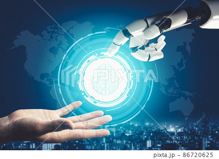 Futuristic AI thinking of droid robot artificial intelligence concept Futuristic AI thinking of droid robot artificial intelligence concept 86720625