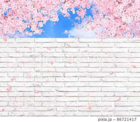 青い空の下 桜の花が舞い散る白いレンガのアンティークなおしゃれ壁紙背景素材のイラスト素材