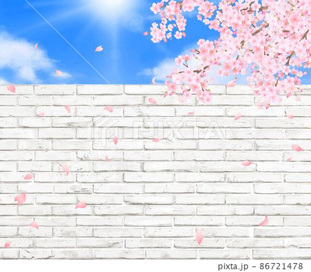 青い空の下 桜の花が舞い散る白いレンガのアンティークなおしゃれ壁紙背景素材のイラスト素材