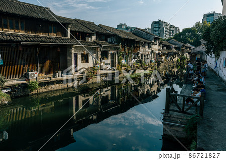 water city Shaoxing wupeng boat and landmark buildings water city Shaoxing wupeng boat and landmark buildings 86721827