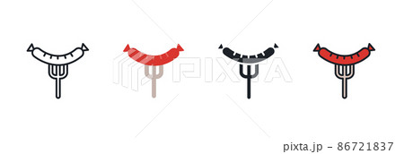 Grilled sausage on fork icon. Linear flat color icons contour shape outline. Black isolated silhouette. Fill solid icon. Glyph design. Set of vector illustrations. Meat products. Food ingredients Grilled sausage on fork icon. Linear flat color icons contour shape outline. Black isolated silhouette. Fill solid icon. Glyph design. Set of vector illustrations. Meat products. Food ingredients 86721837