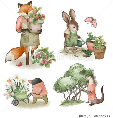 Collection of dressed animals doing gardening, hand drawn 86722533
