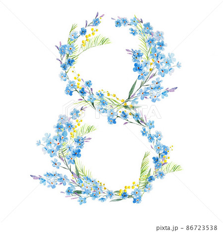 Beautiful stock illustration with watercolor hand drawn floral number eight, symbol of 8 March. International Women's Day. 86723538