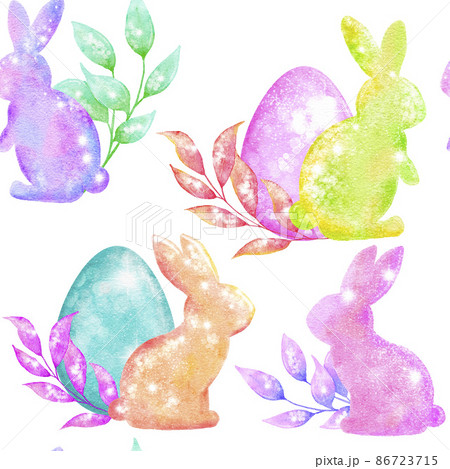 Watercolor seamless hand drawn pattern with Easter eggs bunnies on glitter shimmer shiny texture, magic mystic crystals floral leaves elements. Pastel pink blue purple green spring holiday background Watercolor seamless hand drawn pattern with Easter eggs bunnies on glitter shimmer shiny texture, magic mystic crystals floral leaves elements. Pastel pink blue purple green spring holiday background 86723715