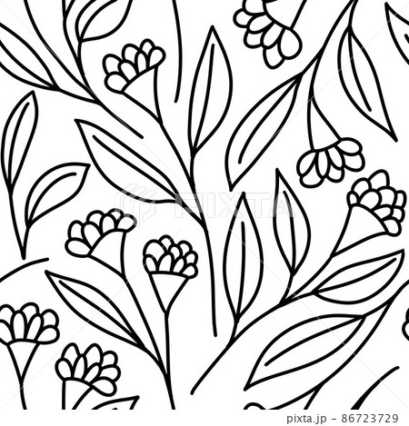 Seamless hand drawn pattern with black and white flowers floral botanical elements, leaves leaf branch blossom. Minimalist monochrome daisy rose peony plants on white background, for textile wallpaper 86723729