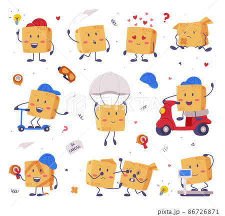 Cute Delivery Cardboard Box Character Riding Scooter and Weighing Vector Set 86726871