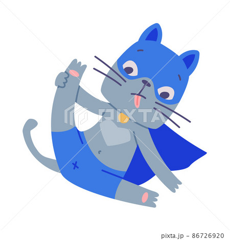 Superhero Grey Cat Wearing Blue Mask and Cape Having Fun Vector Illustration 86726920
