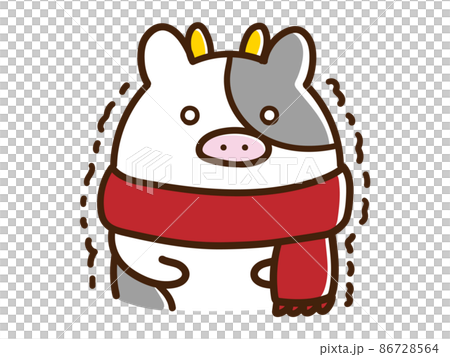 寒くて震えるマフラーをつけたウシのかわいい手描き風イラスト 86728564