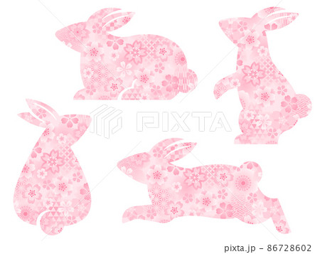 桜と和柄の模様が入ったピンクのウサギのシルエットセットのイラスト