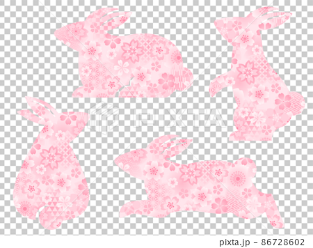 桜と和柄の模様が入ったピンクのウサギのシルエットセットのイラスト素材
