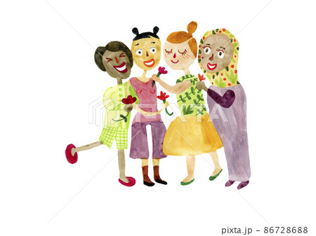 Women of different nationalities happily hug each other and hold tulips in their hands. International Women's Day. March 8 86728688